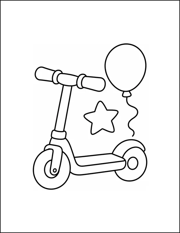 A scooter with two round wheels beside a balloon and a star.
