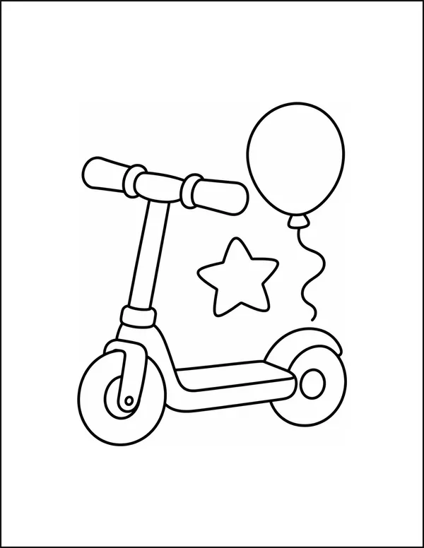 A scooter with two round wheels beside a balloon and a star.