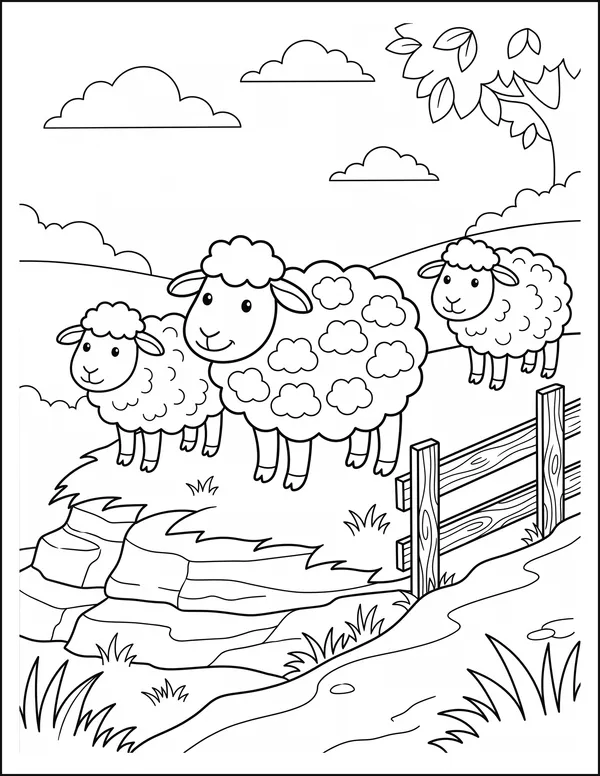 Three sheep standing on a hillside beside a wooden fence.