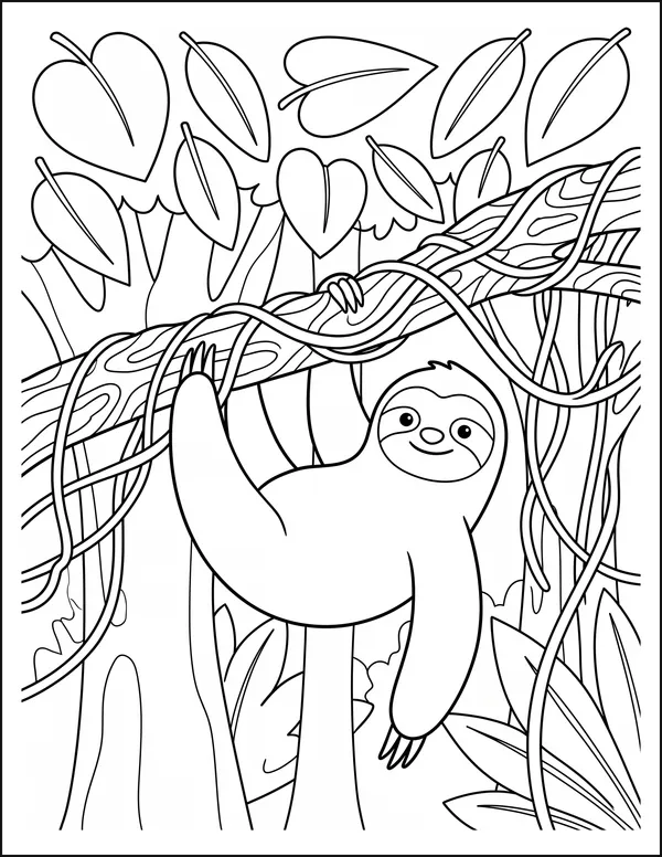 A sloth hanging upside down from a branch below broad leaves.