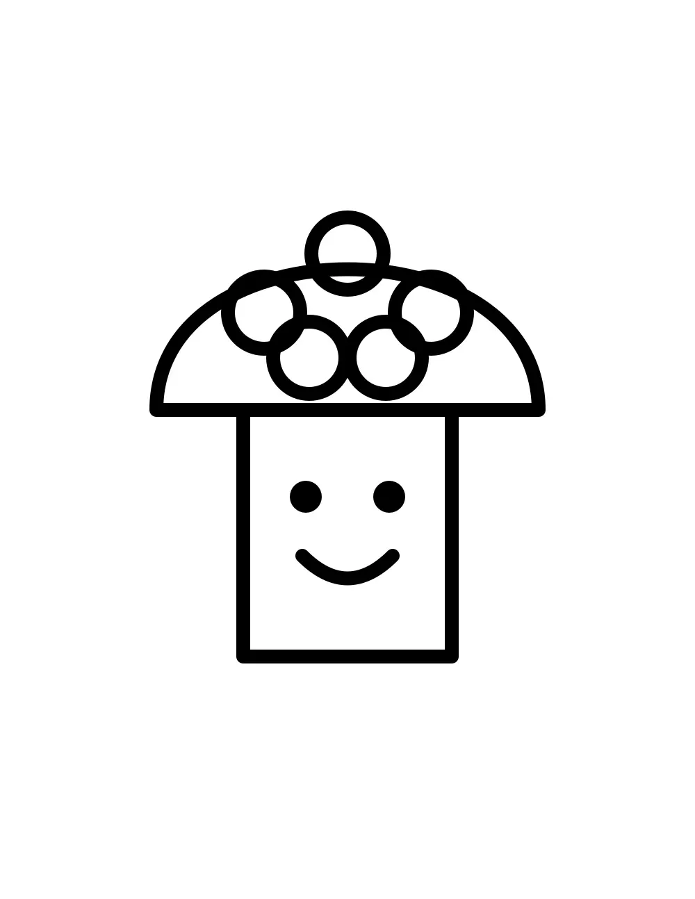 A smiling mushroom with five large circular spots on its cap.