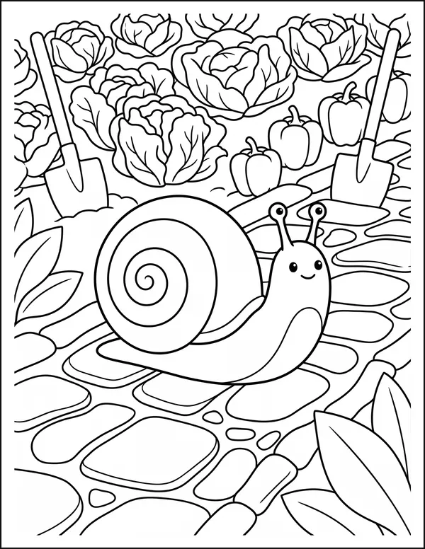 A snail with a spiral shell crossing a path through a vegetable bed.