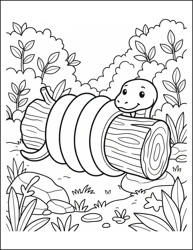 A snake coiled in loops around a fallen log among leaves.