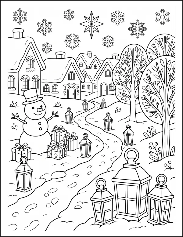 A snowman standing beside a path lined with glowing lanterns.