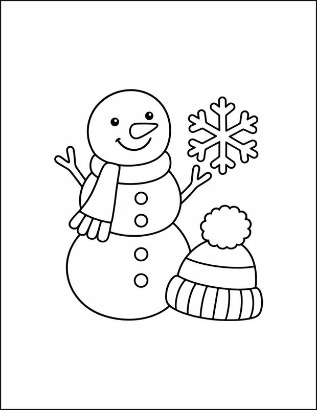 A snowman with three body sections beside a hat and snowflake.