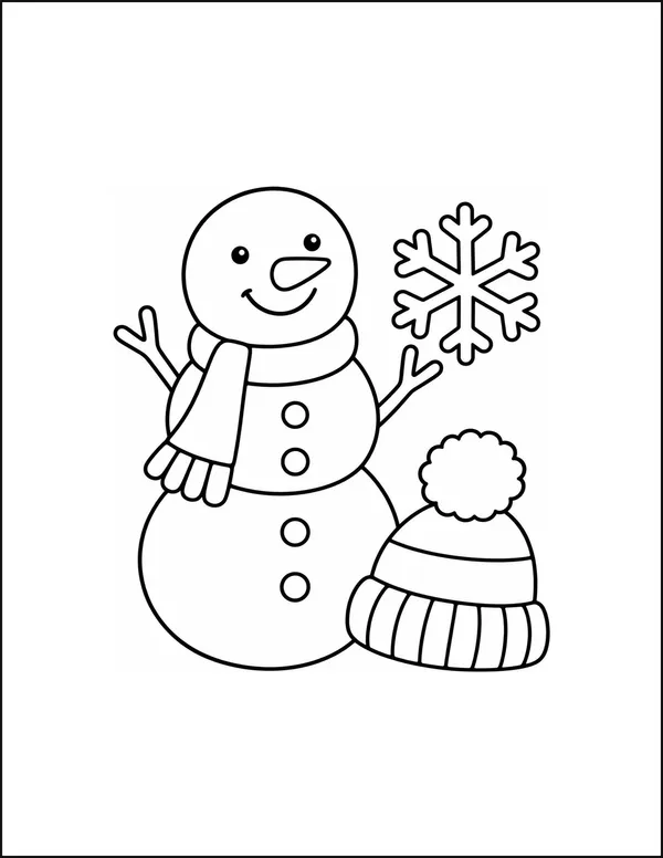 A snowman with three body sections beside a hat and snowflake.