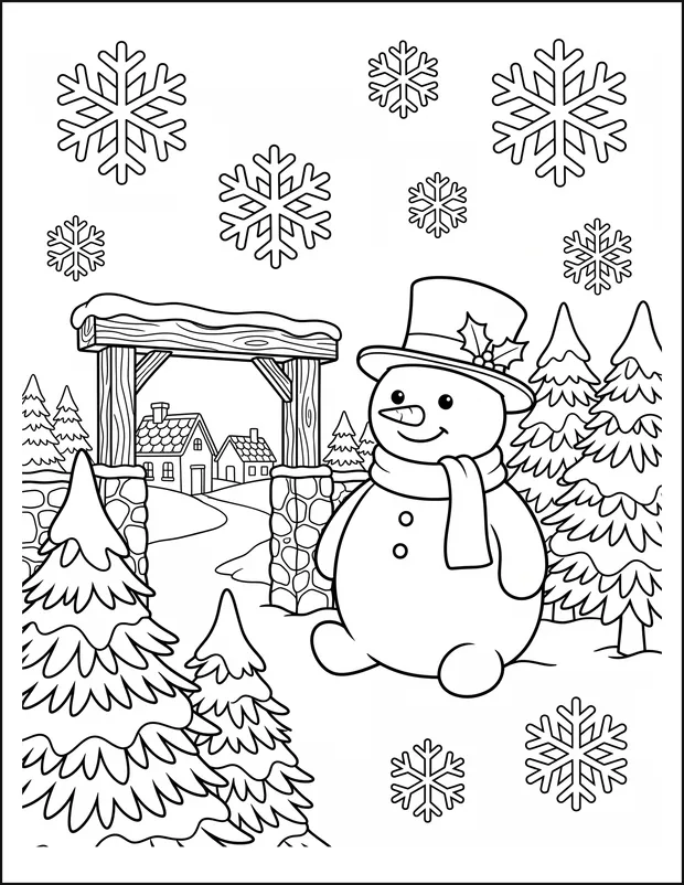 A snowman standing beside a village gate among snowy trees.
