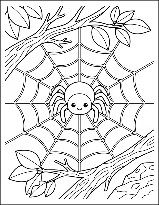 A friendly spider sitting on a web strung between two branches.