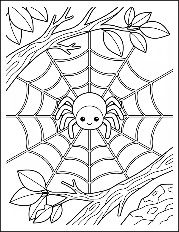 A friendly spider sitting on a web strung between two branches.