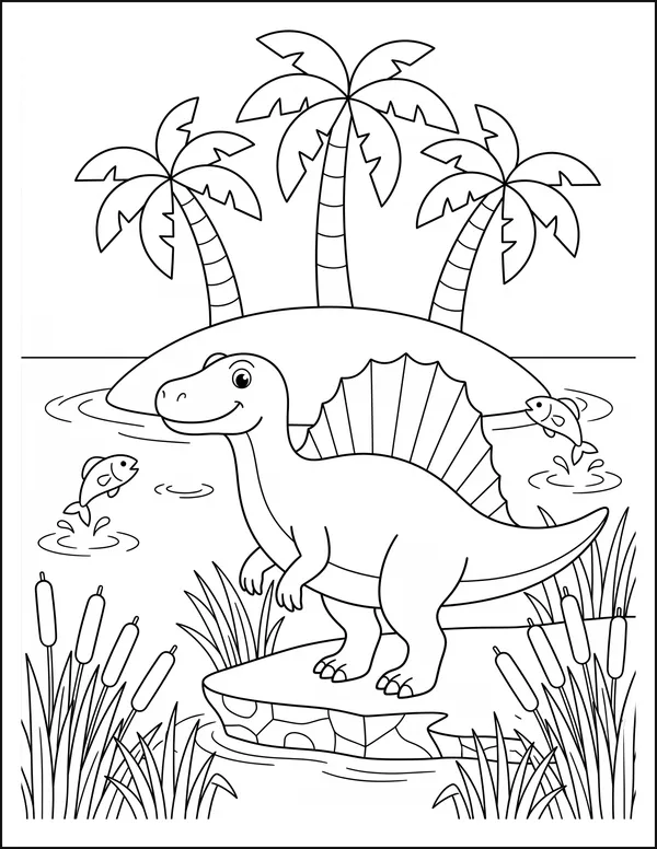A spinosaurus wading in a lagoon beside a small palm island.