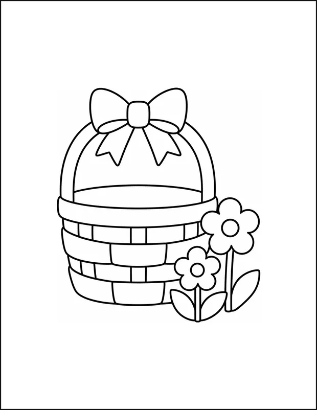 A woven spring basket with two tall flowers standing beside it.