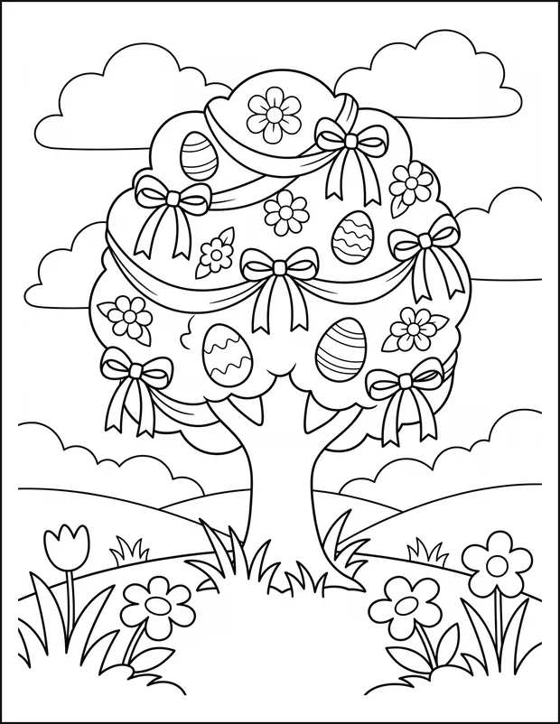A small tree hung with ribbons and decorated eggs in spring.