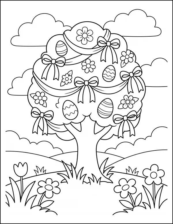 A small tree hung with ribbons and decorated eggs in spring.