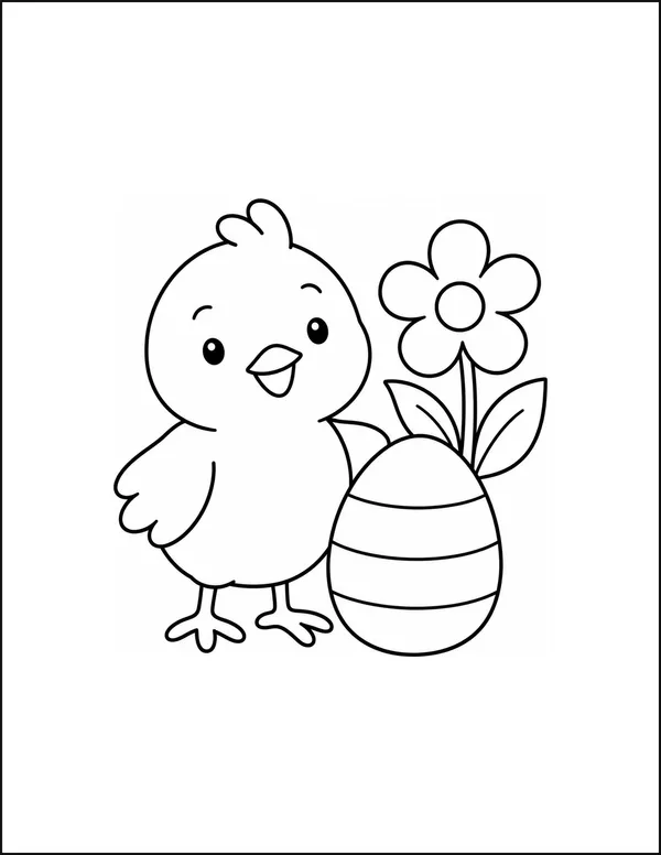 A small chick standing beside a decorated egg and a flower.