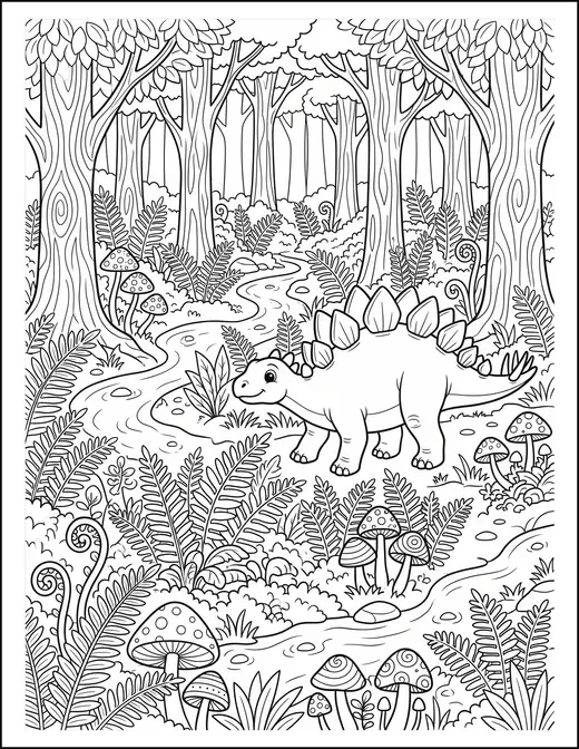 A stegosaurus walking along a winding path between tall ferns.
