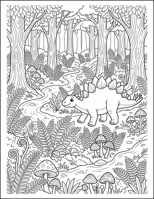 A stegosaurus walking along a winding path between tall ferns.