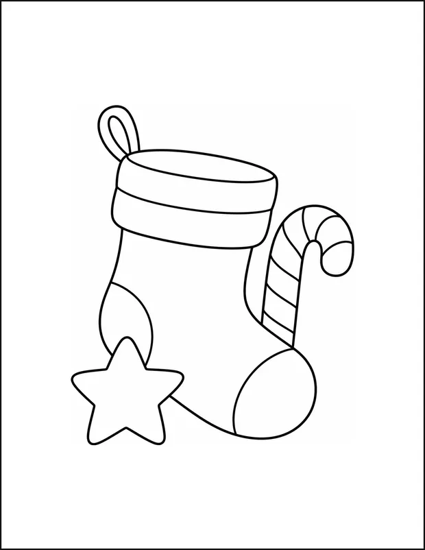 A Christmas stocking beside a candy cane and one star.