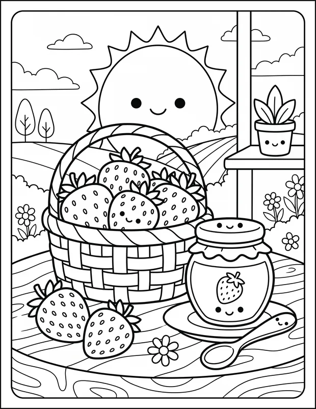 A basket of strawberries on a counter beside a jar and spoon.