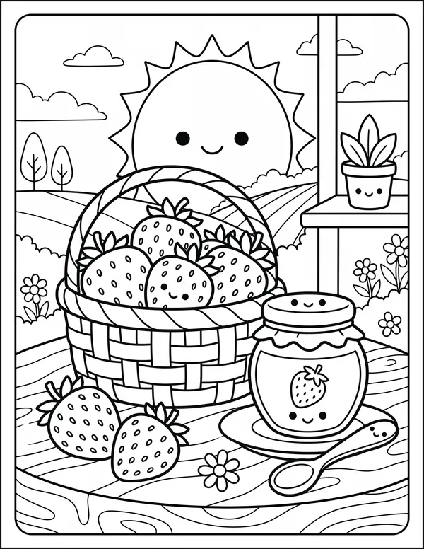 A basket of strawberries on a counter beside a jar and spoon.