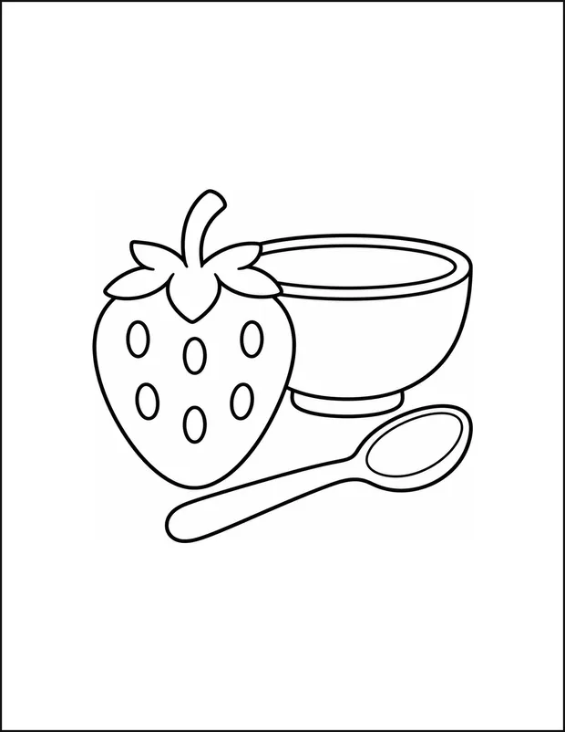 A strawberry with six seeds beside a rounded bowl and spoon.