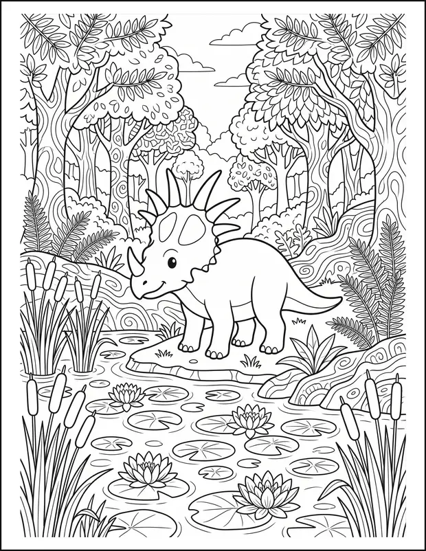 A styracosaurus with a spiked frill beside a pond of water lilies.