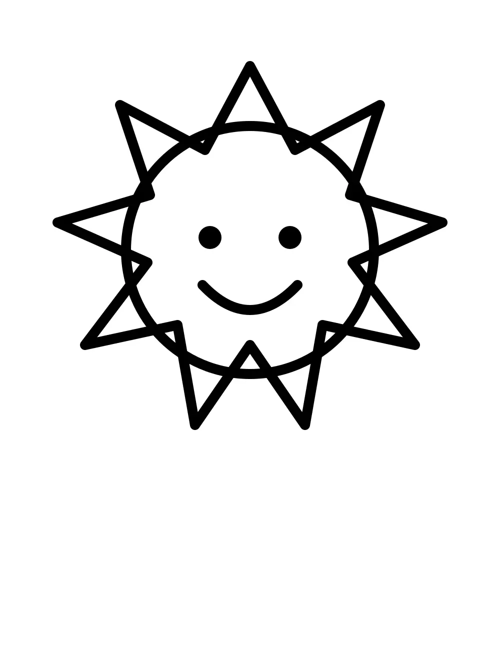 A round smiling sun with eight large rays in thick black outline.