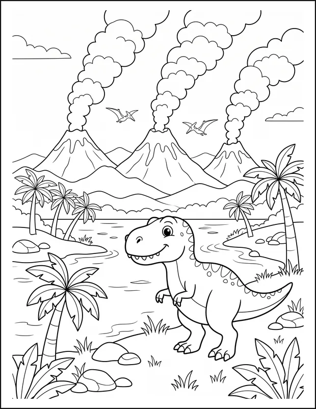 A friendly T. rex standing beside a lake below a smoking volcano.