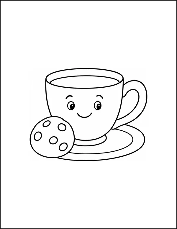 A teacup beside a round cookie resting on a plate.