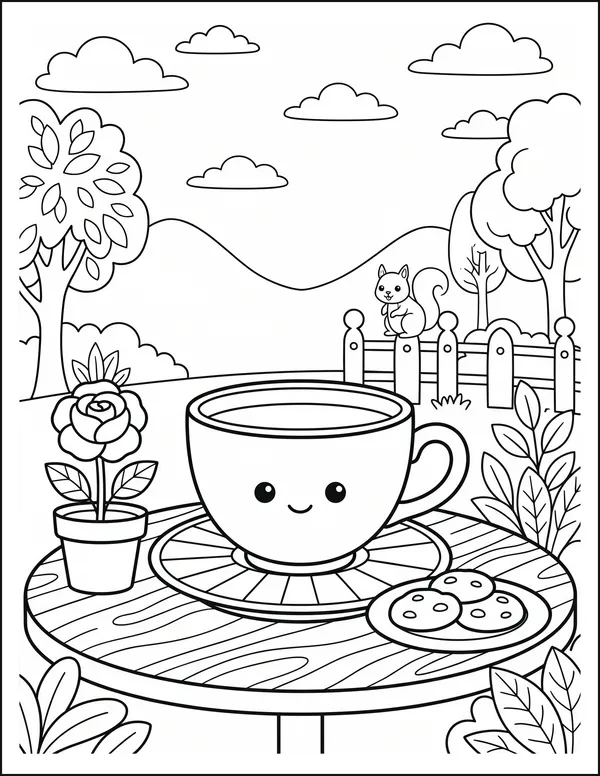 A teacup and saucer on a garden table beside flowers.