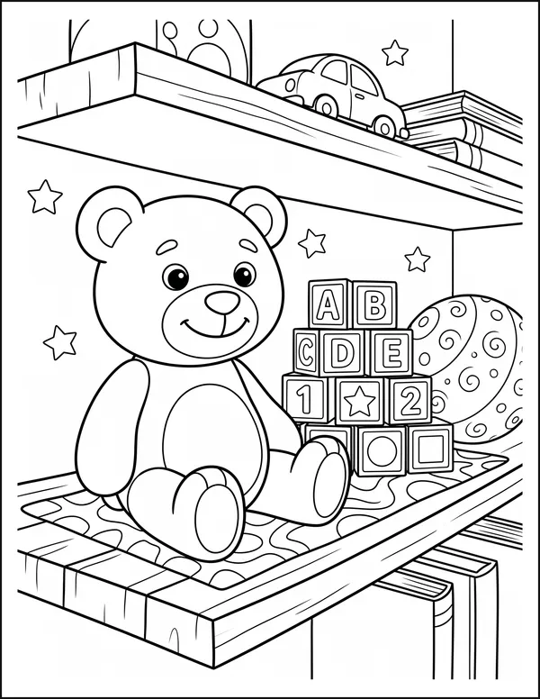A teddy bear on a shelf beside stacked lettered blocks.