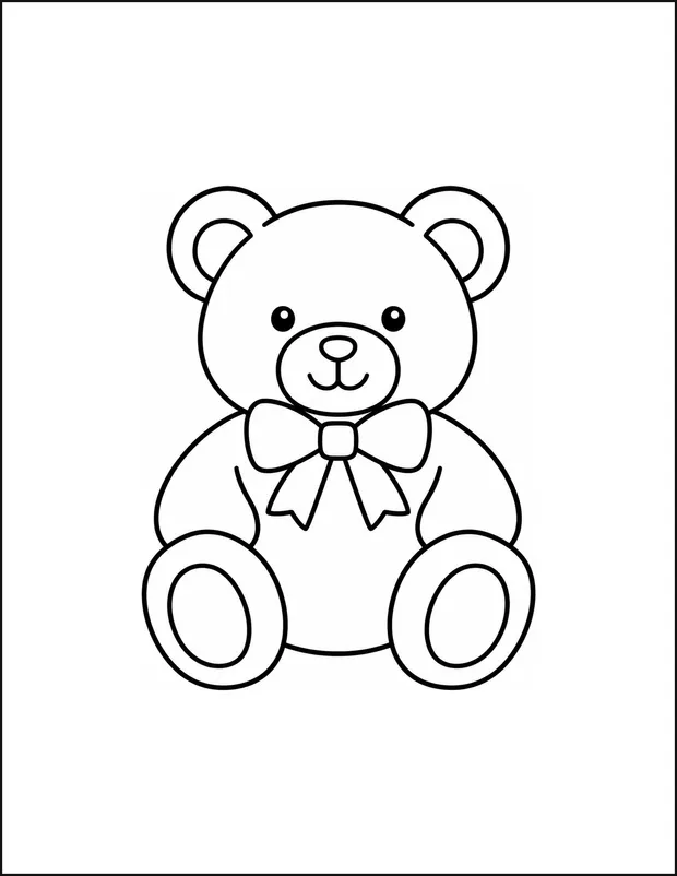 A teddy bear with a round face wearing a bow with two loops.