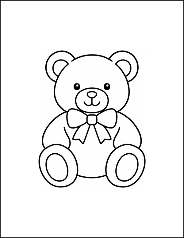 A teddy bear with a round face wearing a bow with two loops.