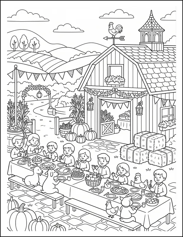 A barn courtyard feast with long tables, hay bales and bunting.