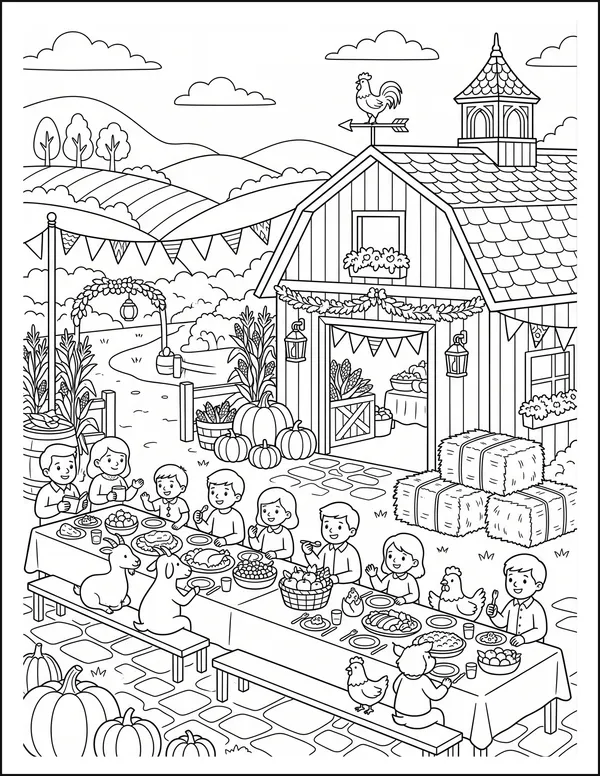 A barn courtyard feast with long tables, hay bales and bunting.