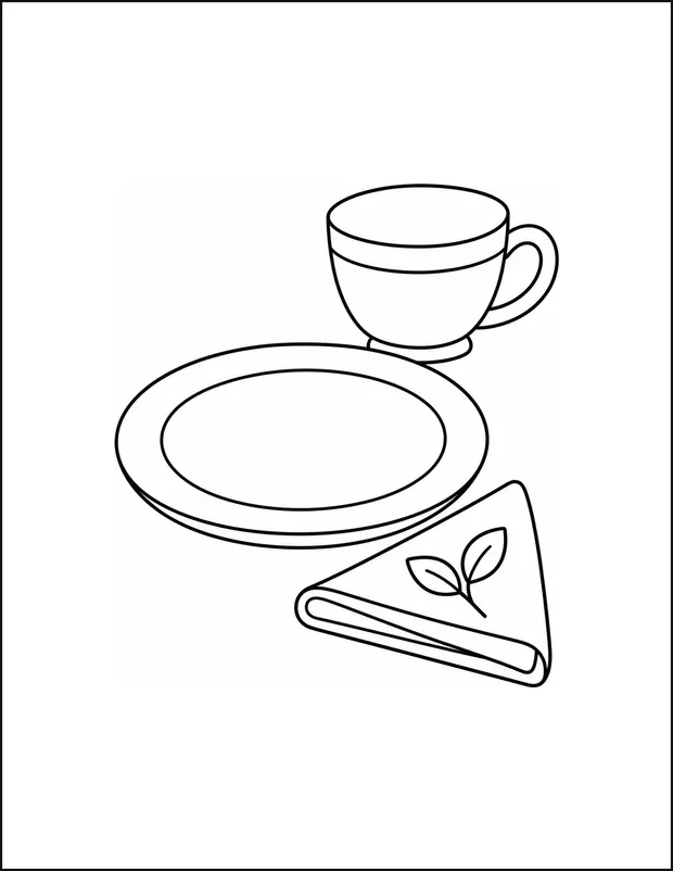 A plate and cup beside one folded napkin and a small leaf.