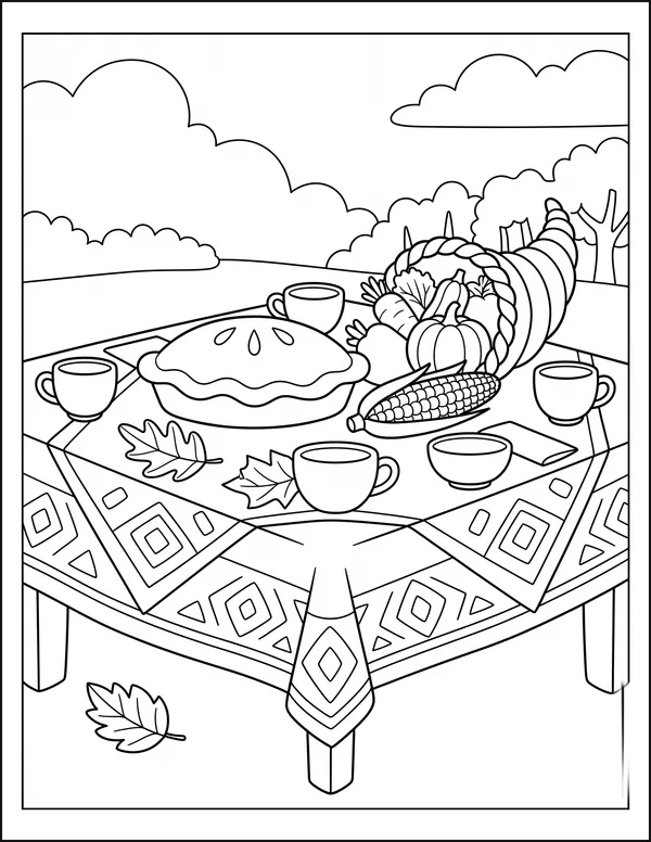 A festive table laid with a pie, corn, a cornucopia and cups.