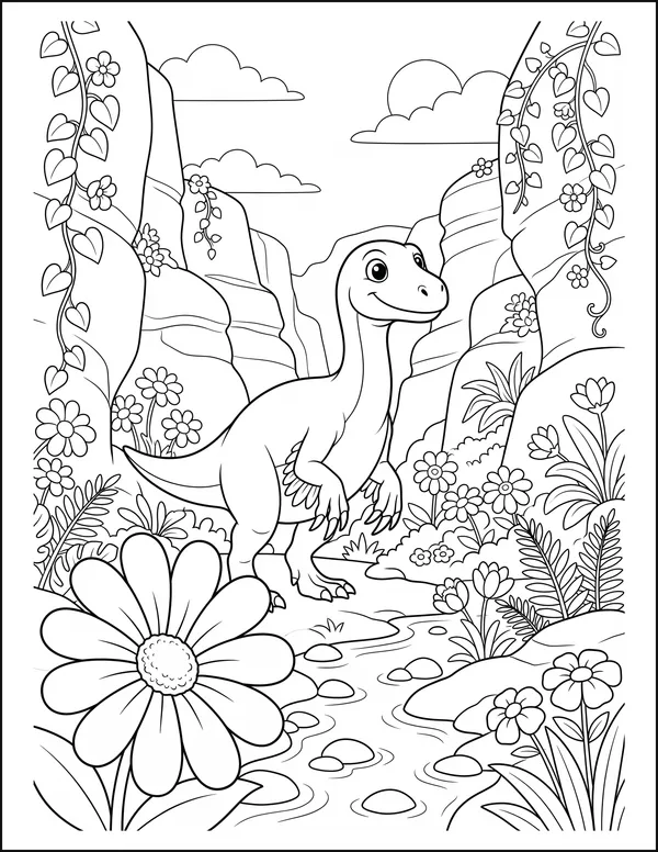 A long-clawed therizinosaurus among flowers in a rocky canyon.