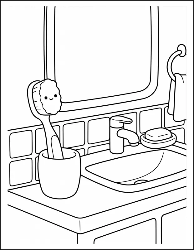 A toothbrush in a cup beside a bathroom sink and soap.