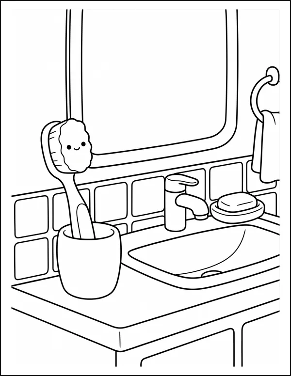 A toothbrush in a cup beside a bathroom sink and soap.