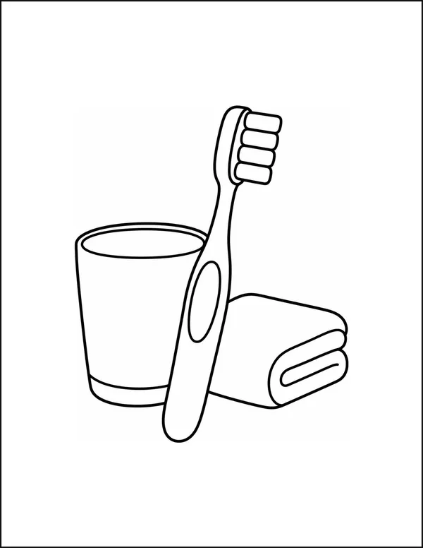 A toothbrush beside a cup and a towel hanging on a rail.
