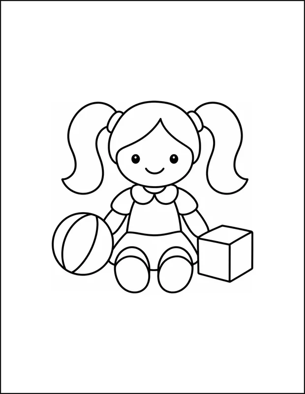 A toy doll with two pigtails beside a ball and a block.