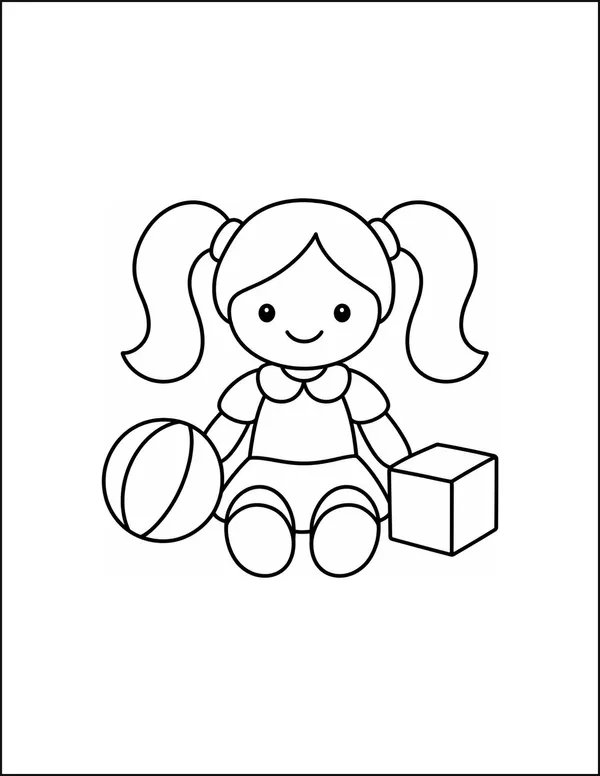 A toy doll with two pigtails beside a ball and a block.