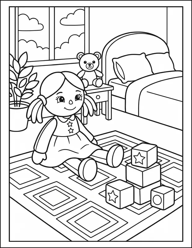 A toy doll standing on a patterned rug beside wooden blocks.