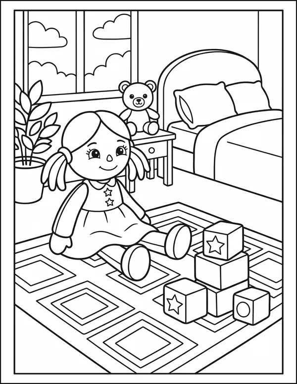 A toy doll standing on a patterned rug beside wooden blocks.