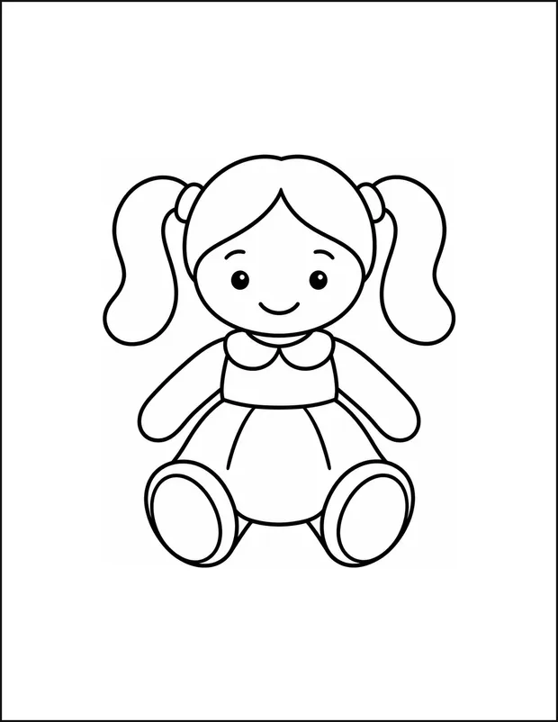 A toy doll with two large pigtails and a wide dress.