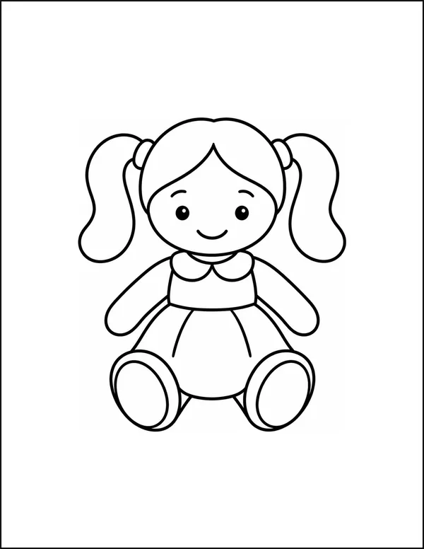A toy doll with two large pigtails and a wide dress.