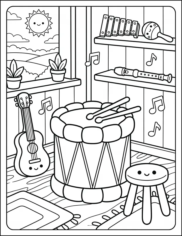 A toy drum and a guitar standing together in a music room.
