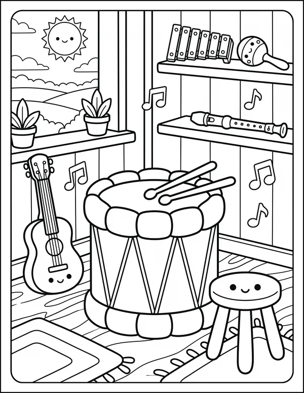 A toy drum and a guitar standing together in a music room.