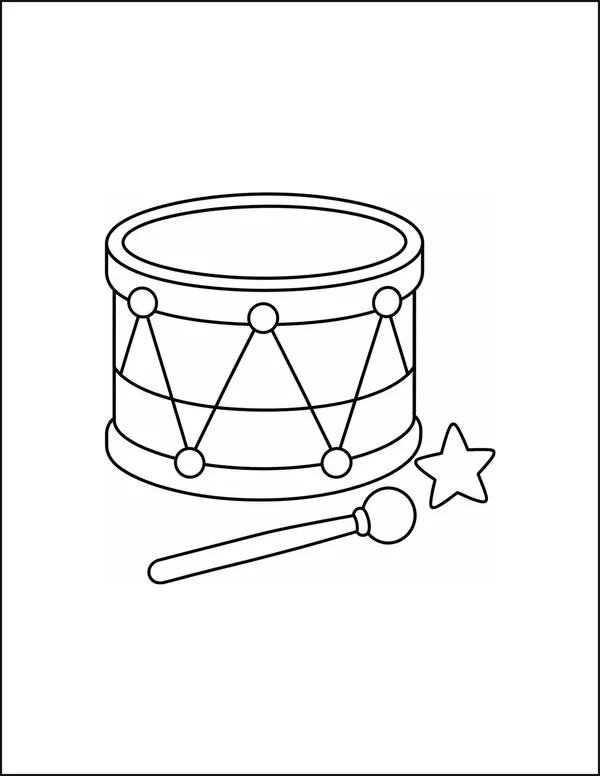 A toy drum with two stripes beside a drumstick and a star.
