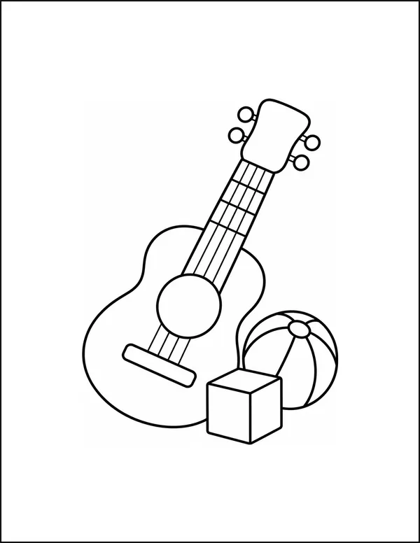 A toy guitar beside a round ball and a lettered block.